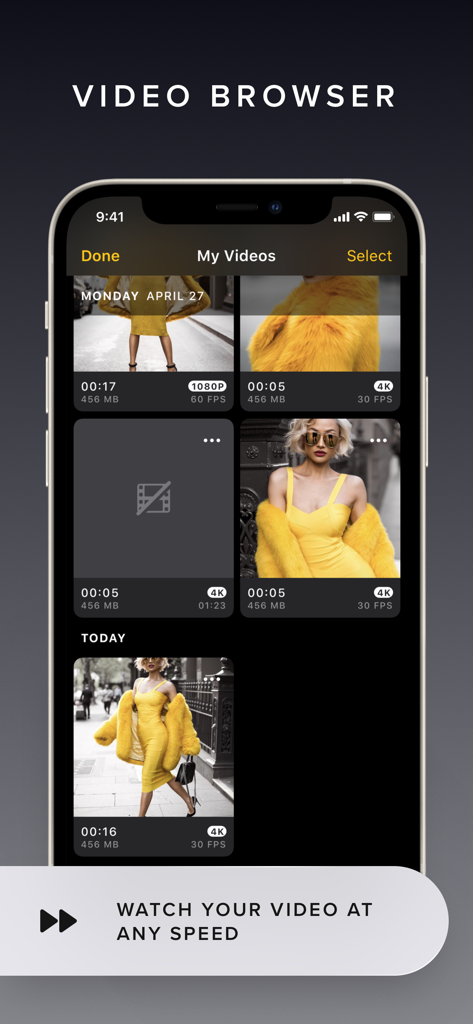 The video browser interface of the REC app showing a library of recorded videos with resolution and frame rate details