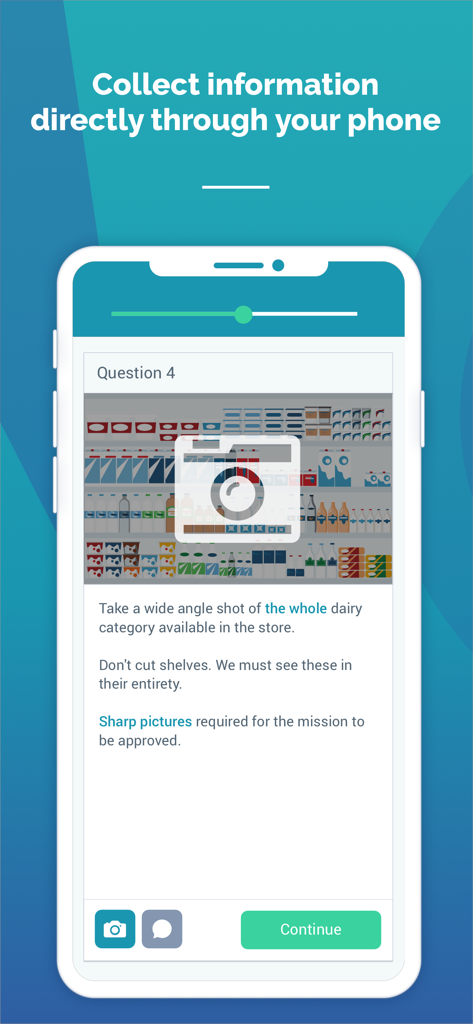 BeMyEye - Earn money - Interfaccia dell'app BeMyEye che mostra le istruzioni per acquisire foto degli scaffali dei negozi durante una missione
