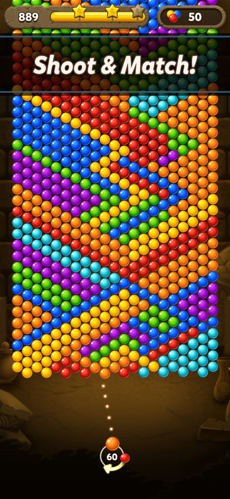 Bubble Pop Origin! Puzzle Game - Bubble Pop Originのゲームプレイ画面。カラフルなバブルシューターボード、狙いを定める軌道、Shoot and Matchのテキストが表示されています。