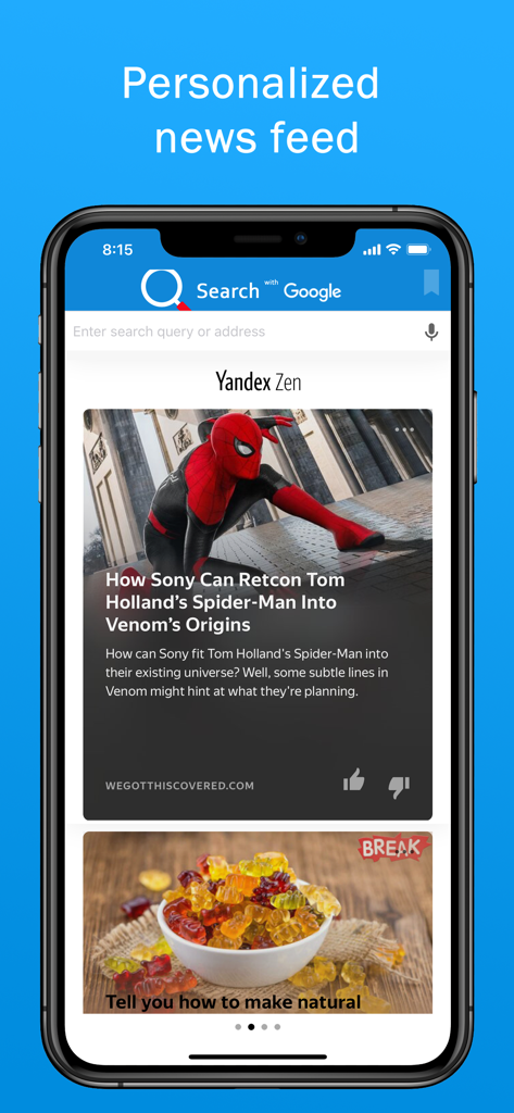 ニュース記事と検索バーを備えたパーソナライズされたニュースフィードが表示されているスマート検索アプリインターフェイス