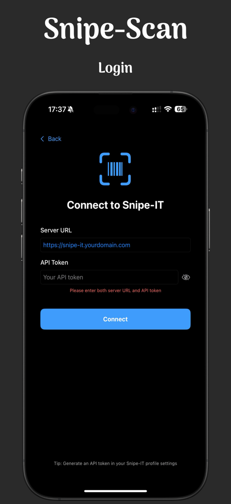 Snipe-Scan - Snipe-Scan mobile app login page for Snipe-IT asset management connection.