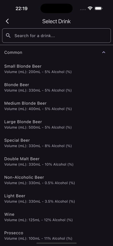 Interface do aplicativo Temporizador de Álcool mostrando uma lista de bebidas comuns, incluindo várias cervejas e vinhos com seu teor alcoólico