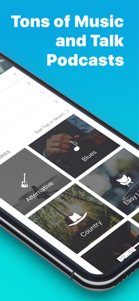 Pantalla de la aplicación de podcasts Podomatic mostrando varias categorías de podcasts de música y hablados como Blues y Alternativo