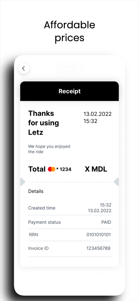 Letz | Request a ride - A digital ride receipt on the Letz app interface showing payment details and affordable pricing