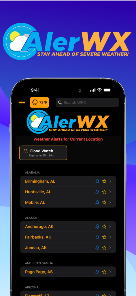 AlerWX - Interfaz de la aplicación AlerWX que muestra una lista de Oficinas de Pronóstico del Tiempo y una alerta actual de vigilancia de inundaciones