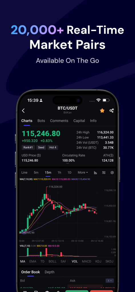 BitKan: Buy Bitcoin & Crypto - Aplicación móvil BitKan que muestra pares de mercado de Bitcoin y gráficos de trading en tiempo real.