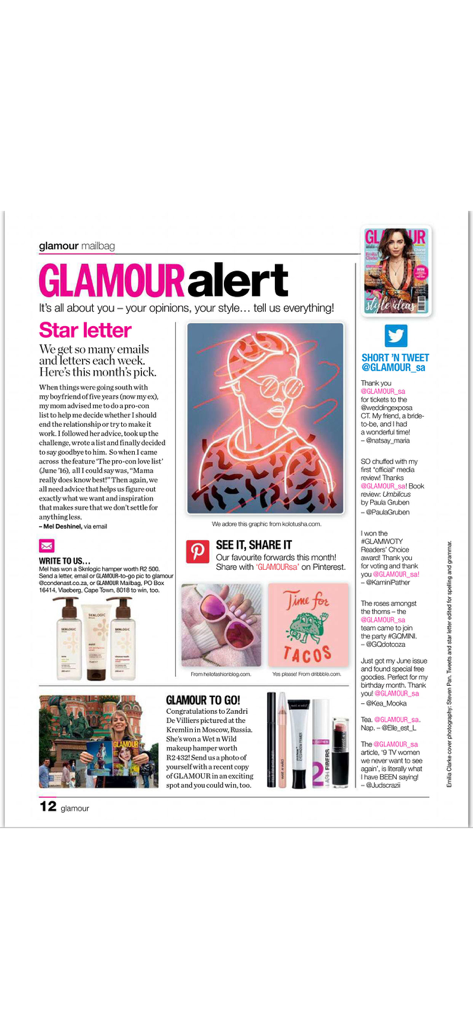 GLAMOUR South Africa - Uma página do aplicativo GLAMOUR África do Sul mostrando cartas dos leitores e destaques das redes sociais.