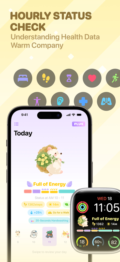 Moodji health tracker app interface showing hourly status on iPhone and Apple Watch with a cute mascot