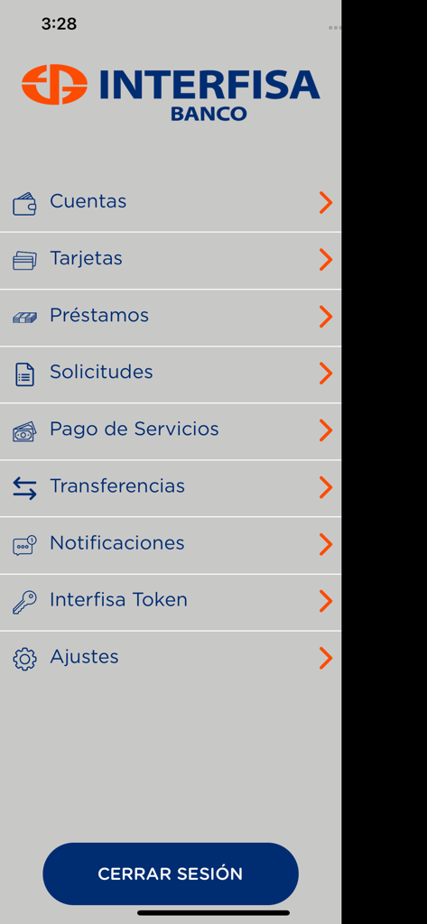 Interfisa Banco mobile app main menu screen showing banking options like accounts cards and transfers