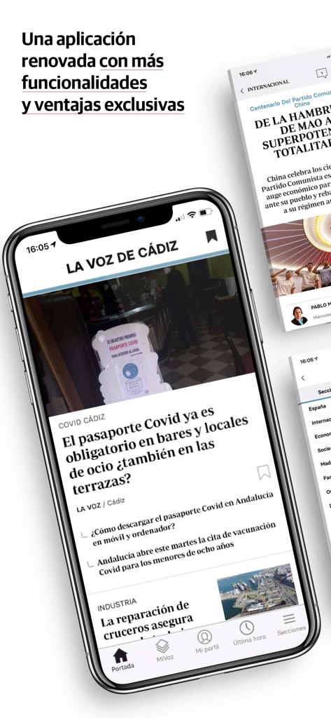 Captura de pantalla de la aplicación móvil Diario La Voz de Cádiz mostrando titulares de noticias locales en español