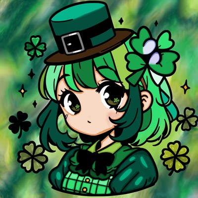 a manga-style girl with clovers around her, a little hat in her hair, like it's saint patrick's day