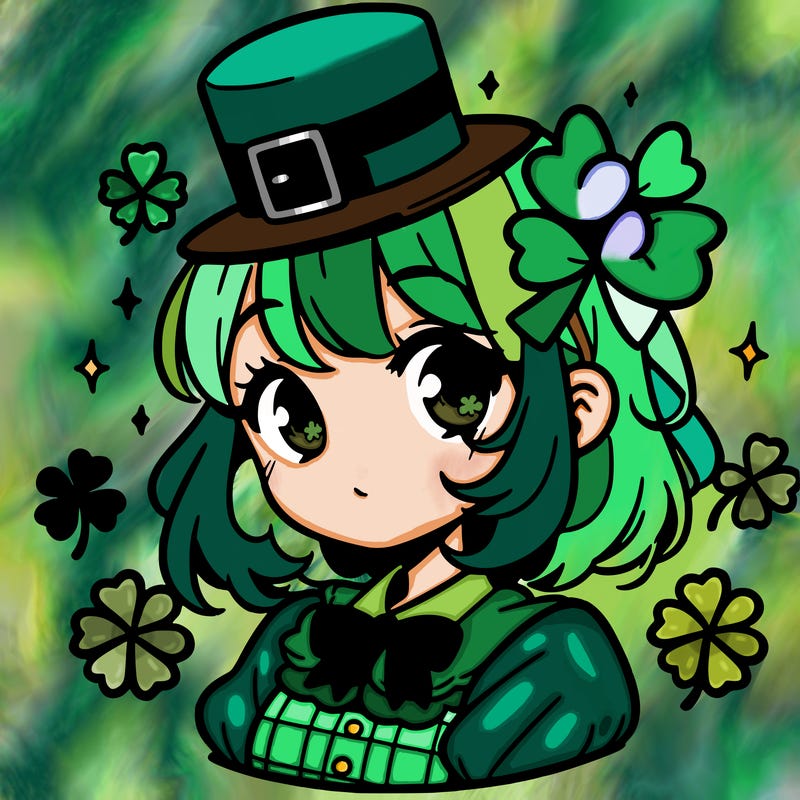 a manga-style girl with clovers around her, a little hat in her hair, like it's saint patrick's day