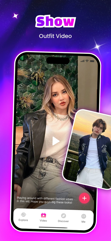 Mobile app interface of Fufi showing short-form fashion outfit videos with social sharing features