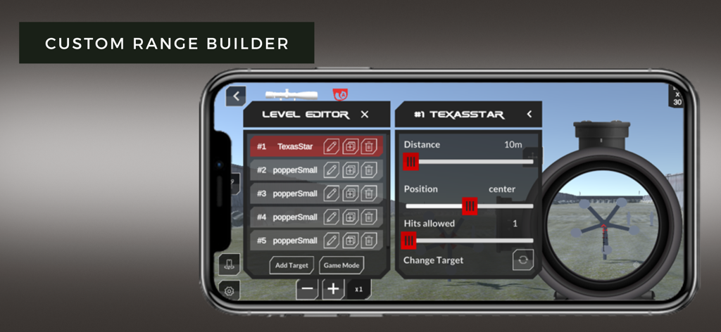 Tela de smartphone mostrando o construtor de campo personalizado e editor de níveis do aplicativo Virtual-Shot com uma visão de mira de um alvo.