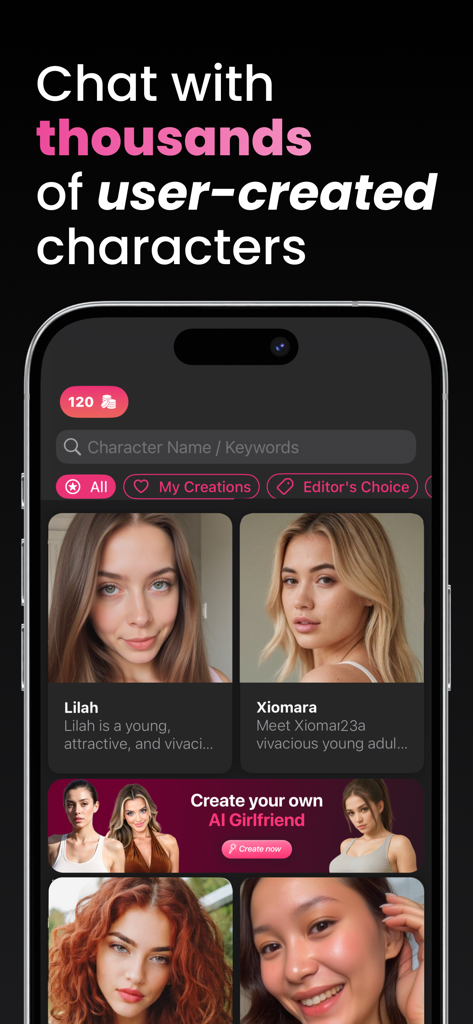 Ourdream – AI Girlfriend - Interfaccia mobile dell'app Ourdream che mostra una libreria di personaggi IA creati dagli utenti con foto e descrizioni.