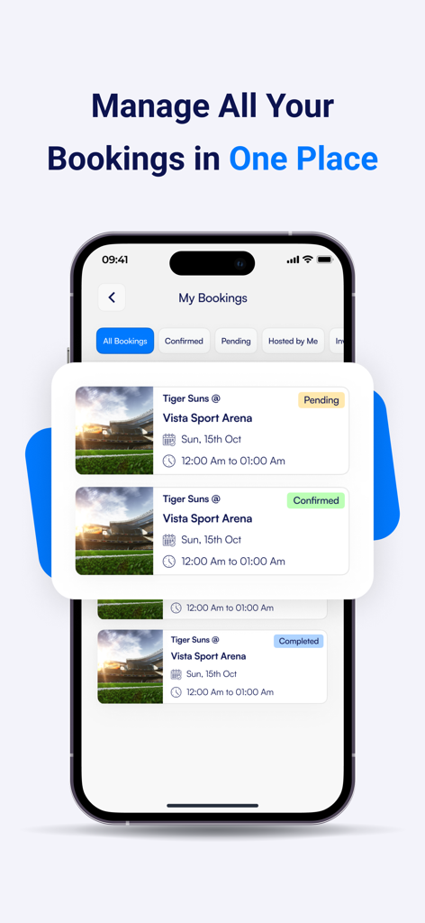 PlayPal Sports - iPhone screen showing PlayPal Sports app booking management interface with pending and confirmed match details