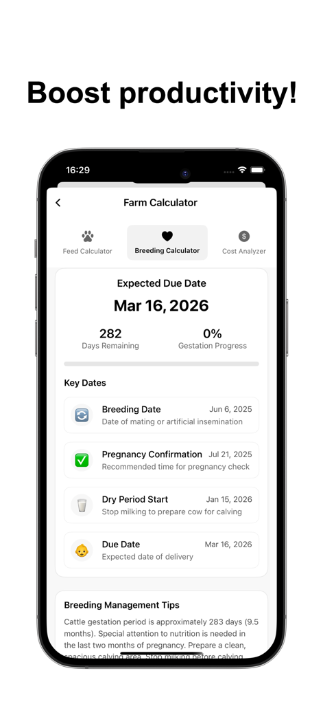 Livestock Manager-Farm Records - Livestock Manager app interface showing the breeding calculator with expected due date and gestation tracking for cattle