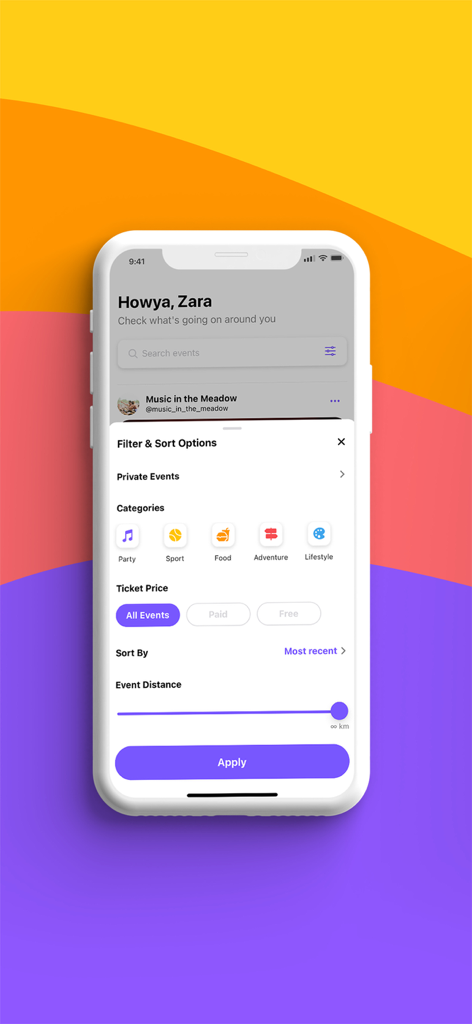 Sociable - The filter and sort options screen in the Sociable app showing event categories ticket prices and distance settings.