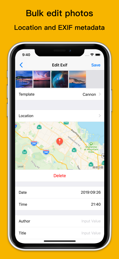 Interface of Exif Viewer app showing bulk editing features for photo metadata and GPS location