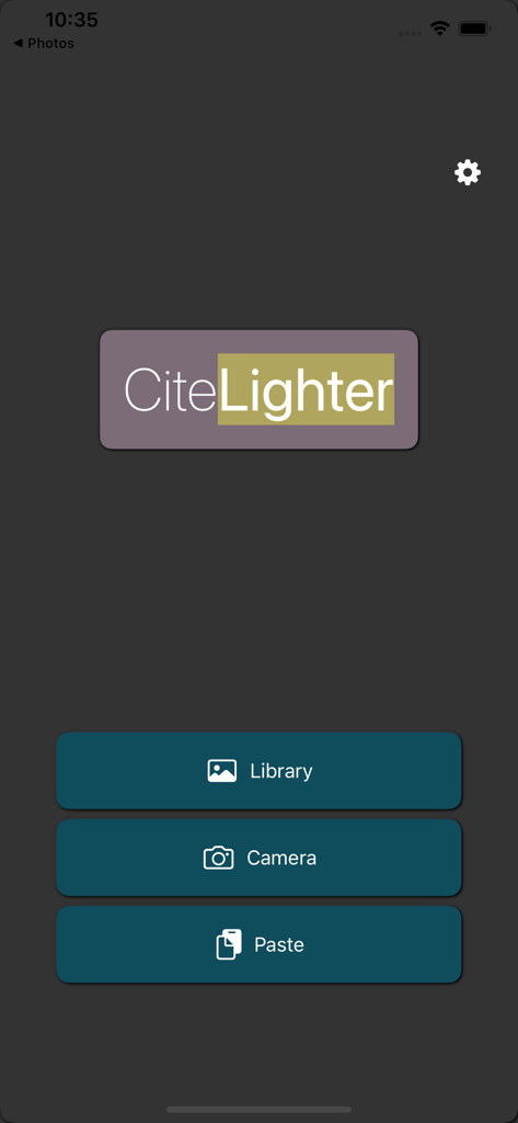 CiteLighter - CiteLighter app home screen showing main menu options for Library, Camera, and Paste.