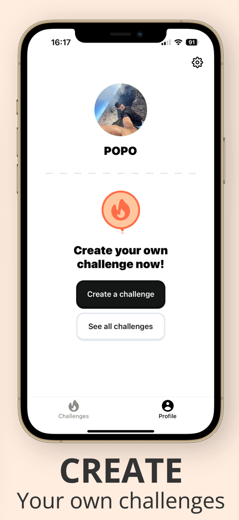 Goatyu app profile screen showing buttons to create a new challenge or see existing ones