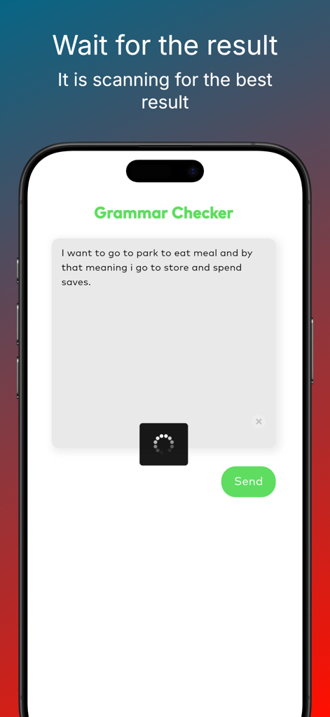 AI English Correction - Una pantalla de smartphone que muestra la interfaz de la aplicación Corrección de Inglés con IA mientras escanea una frase para mejorar la gramática y la ortografía