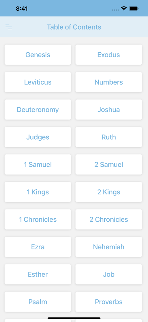Easy-to-Read Version Bible ERV - Pantalla de índice de la aplicación Biblia ERV mostrando una lista de libros de la Biblia como Génesis y Éxodo en un diseño de cuadrícula simple