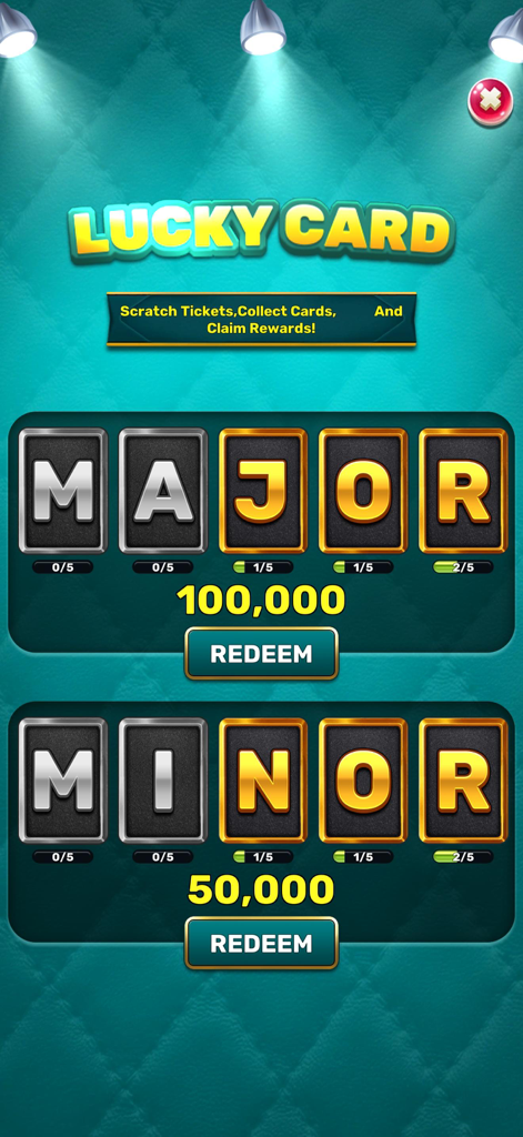 Scratchy Luck - Scratchy Luck mobile game interface showing a Lucky Card collection screen with Major 100,000 and Minor 50,000 coin prize categories