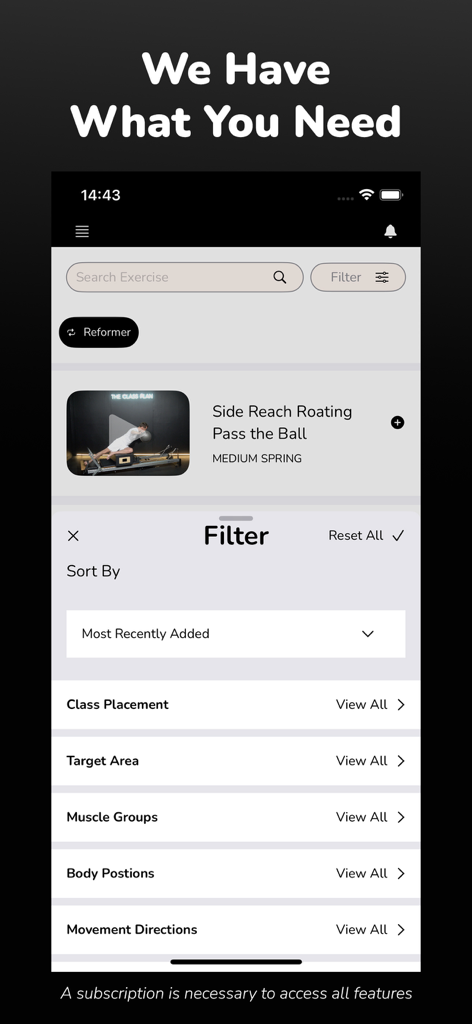 The Class Plan - A screenshot of The Class Plan app showing exercise filter options for Pilates instructors