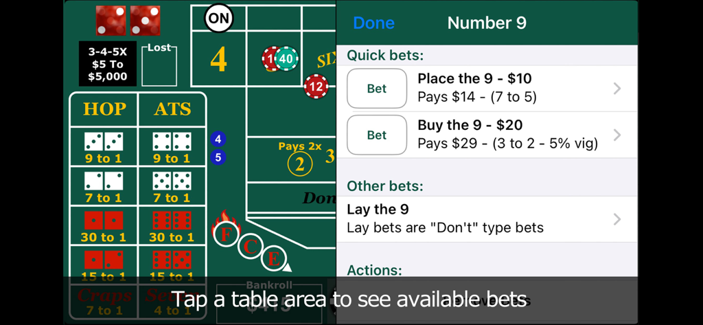 Interfaz de la aplicación Aw Craps mostrando la mesa de craps y el menú de apuestas disponibles