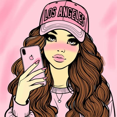 realistic beautiful girl wearing los ángeles cap holding an iphone