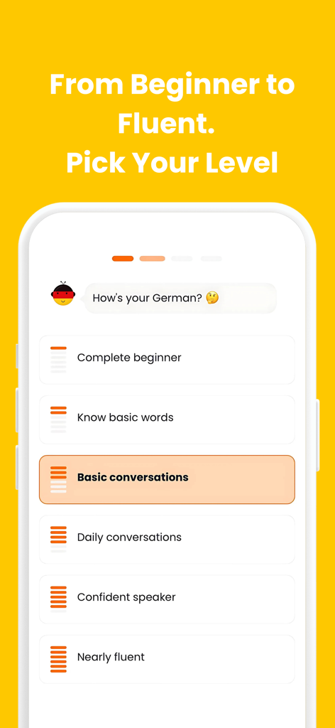 Learn German - Deutsch Mentor - Interface for selecting German language proficiency level from beginner to fluent in the Deutsch Mentor app.