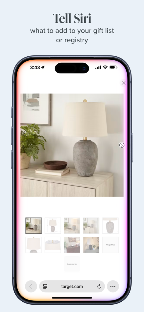 MyRegistry app interface showing how to use Siri to add a lamp from the Target website to a gift registry