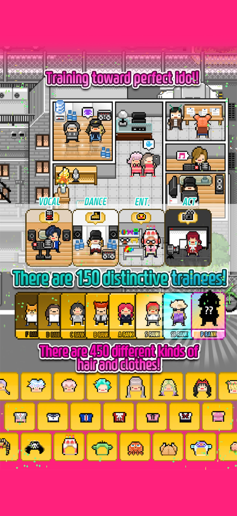 A screenshot of Monthly Idol showing training rooms and customization options for pixel art K-pop idols.