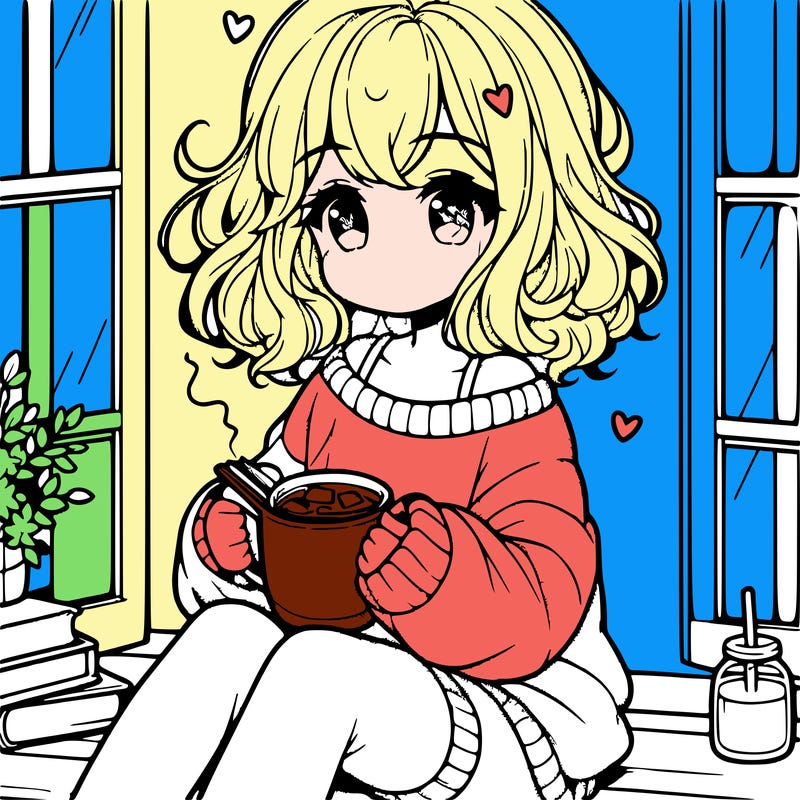 cute anime girl reading book and drinking hot chocolate from mug with loose wavy hair wearing a baggy sweatshirt and shorts sitting by windowsill looking out