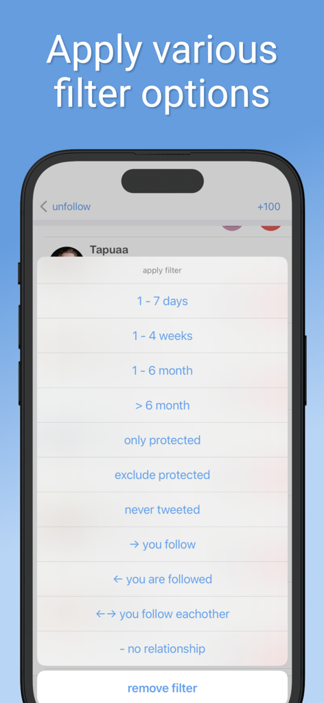 unfollow for X aka Twitter - Filter options for managing Twitter followers by activity and relationship status