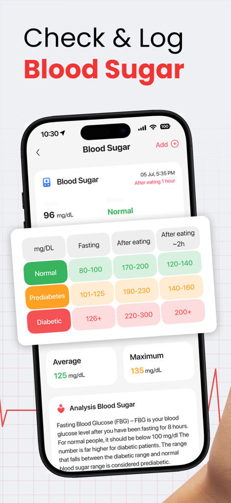 iHealthy: Health Partners - Interfaz de la aplicación móvil iHealthy para registrar los niveles de azúcar en sangre con un gráfico de referencia codificado por colores para los rangos de glucosa.
