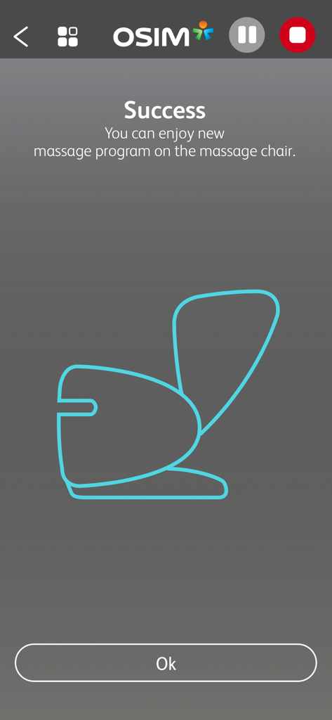 OSIM uLove 2 - Success screen in the OSIM uLove 2 app confirming a new massage program is ready for use on the chair.