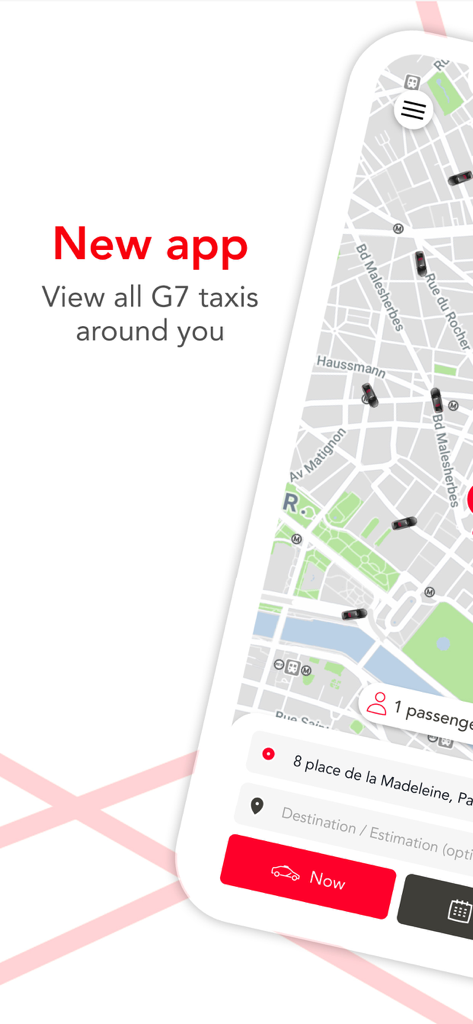G7 Taxi mobile app interface showing a real-time map of Paris with available taxis and booking options