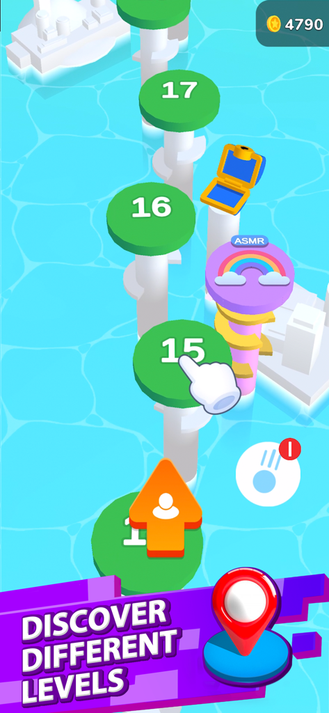 Captura de pantalla del juego móvil Helix Jump mostrando plataformas de niveles numeradas en un mapa 3D sobre agua azul.