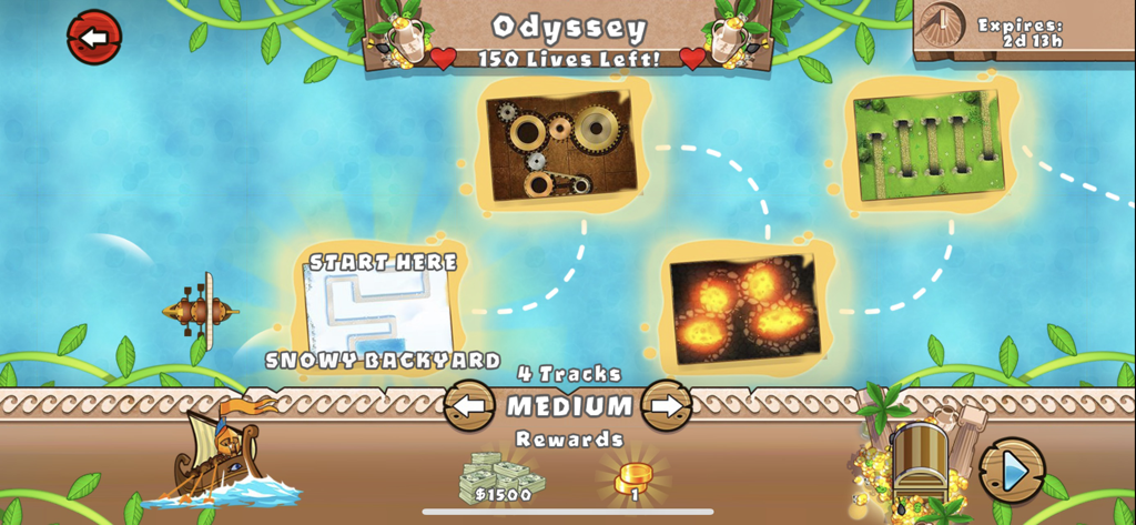 Menú del modo Odisea de Bloons TD 5 mostrando cuatro pistas y recompensas de misión