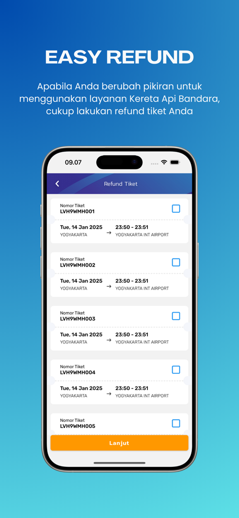 KA Bandara - Um smartphone exibindo a tela de reembolso de passagens do aplicativo de trem do aeroporto KA Bandara