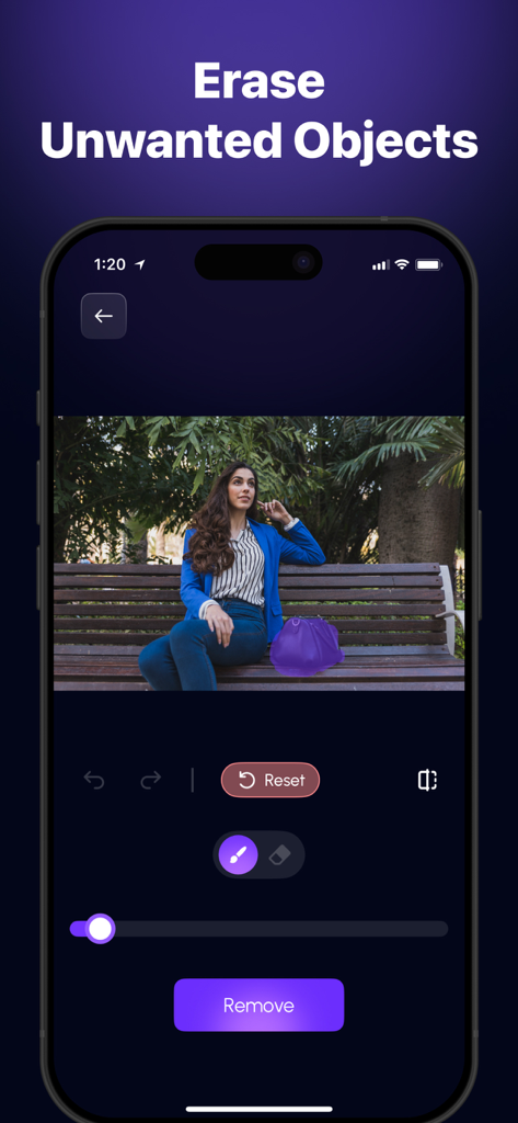 Remove People from Photo: RPQ - Smartphone-Bildschirm, der die RPQ-App-Oberfläche zum Entfernen unerwünschter Objekte aus einem Foto zeigt