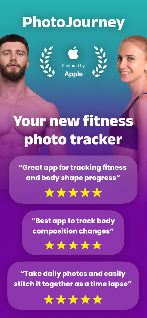 My Body Tracker: PhotoJourney - Promotional image for PhotoJourney app showing fitness tracker features and positive user reviews.