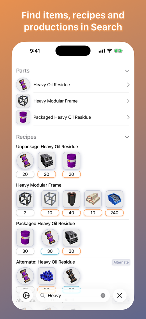 Satisfactory Helper app search screen showing game items and recipes