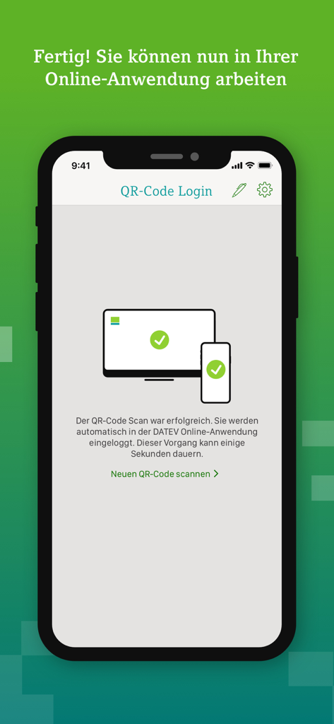 DATEV SmartLogin - Écran de confirmation de connexion réussie par code QR dans l'application mobile DATEV SmartLogin.