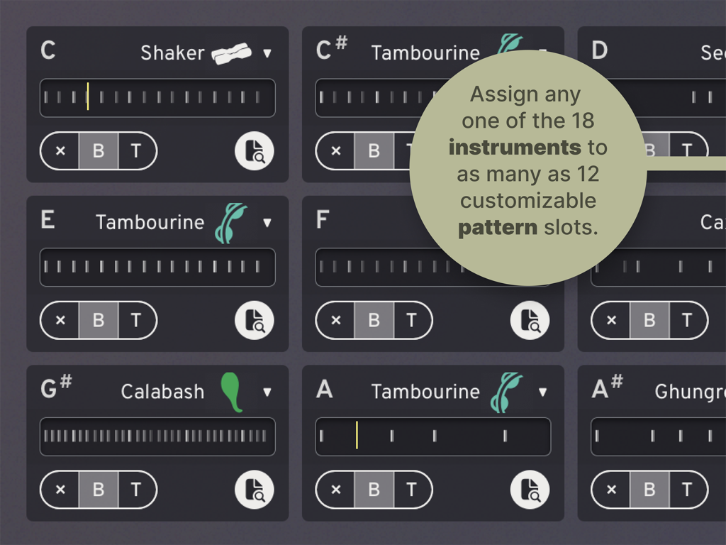 Skaka - Shaken Percussion - Skaka app interface showing customizable pattern slots for different percussion instruments like shakers and tambourines