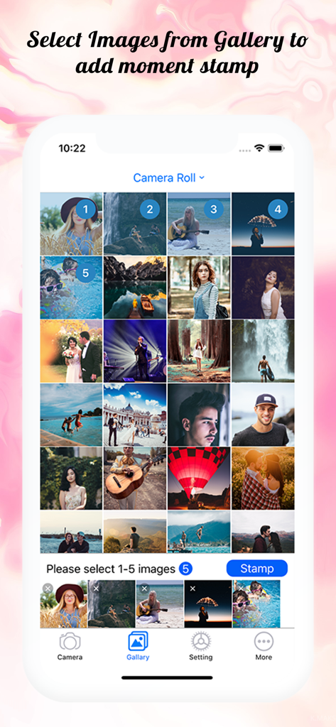A screen showing the Moment Stamp app photo gallery with multiple pictures selected for adding a date and time watermark