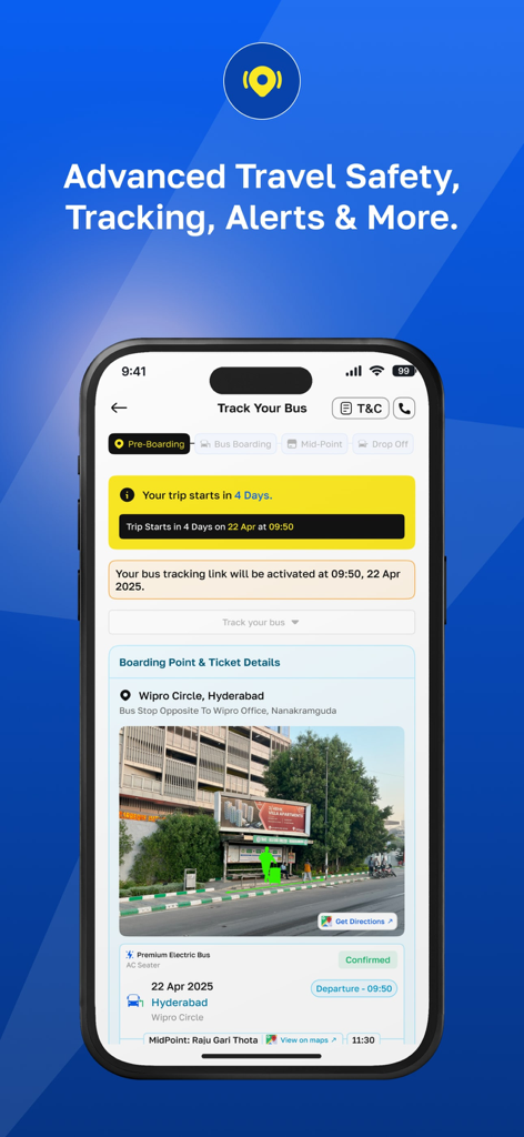 FRESH BUS - Smartphone screen displaying the Fresh Bus app tracking feature with trip details and boarding point location