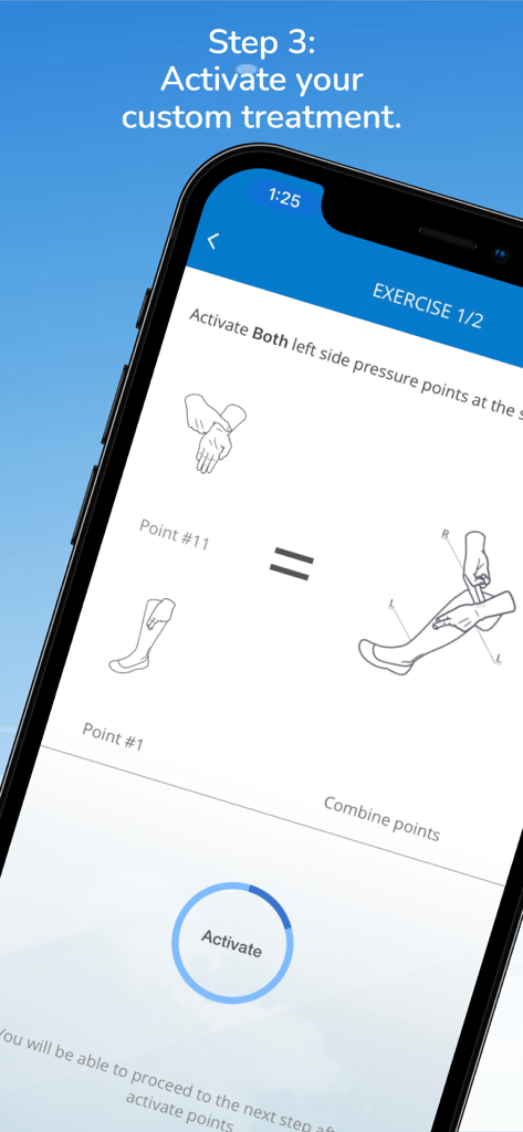 Uplift - Travel Without Jetlag - Uplift app interface showing custom nerve stimulation points on the arm and leg to treat jet lag.